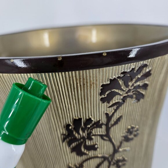 Ceramic Trash Garbage Can 10" Round Gold Brown Ribbed Floral Rustic Asian MCM - Picture 11 of 13